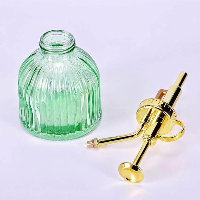 Glass Plant Mister Spray Bottle, 6.5" Green Glass Water Spray Bottle with Gold Top Pump Small Watering Can, Small Plant Sprayer Mister for Indoor Outdoor House (Green+Gold A)