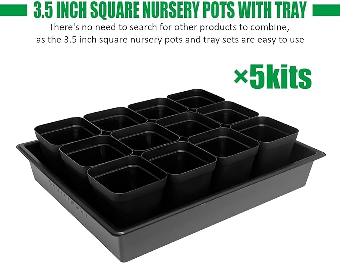 3.5 inch (9CM) Square Nursery Pots 60pcs, Sturdy Seedlings Trays 5 Pcs, Seeds Starter Germination Tray, Microgreenings Planter Nursery Propagation 5 Sets