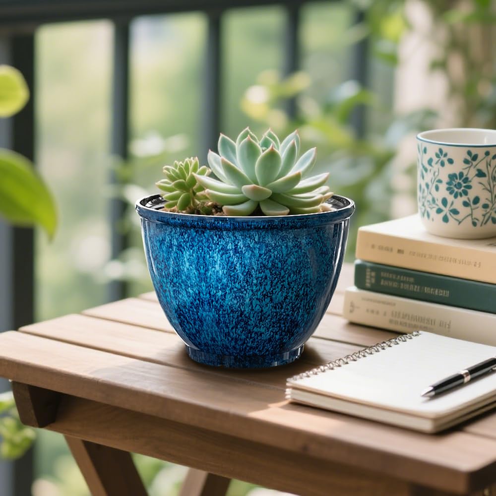 8 Inch Plant Pots Indoor Outdoor, Glazed Plastic Planter with Drainage