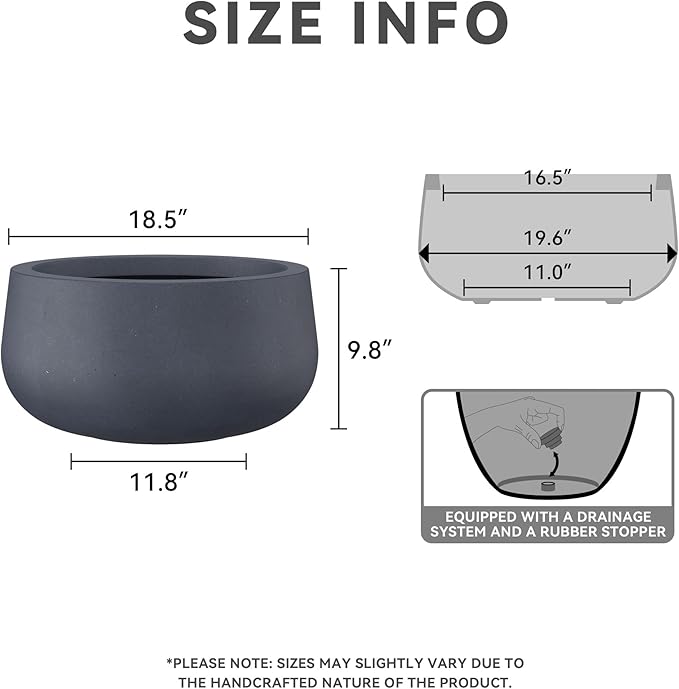 Kante 19.6" Dia Round Concrete Planter, Cement Plant Pots with Drainage Hole and Rubber Plug for Outdoor Indoor Garden Home, Modern Curvaceous Design, Dark Gray