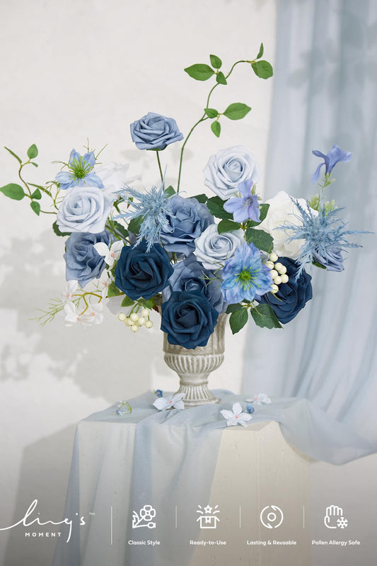 Ling's moment Fake Flowers Box, Dusty Blue & Ivory & Sage Grand Combo