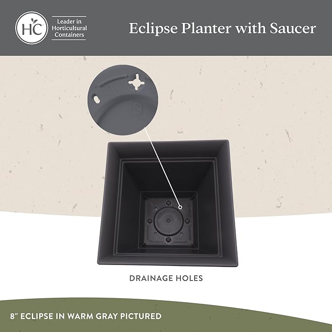 The HC Companies Eclipse Square Plastic Planter w/ Attached Saucer - Outdoor & Indoor Plant Pot with Drainage Holes - Lightweight, UV-Resistant Plastic Pots For Plants (12" Cottage Stone, Pack of 1)