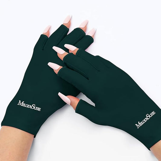 MelodySusie Premium UV Protection Gloves for Manicures, Cool Feeling Fabric,Professional UPF50+, UV Nail Gloves for Gel Nail Lamp, Anti UV Light, Skin Care Fingerless Design, Deep Green