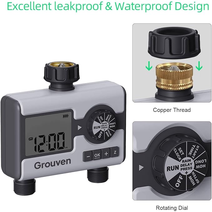 2 Outlet Sprinker Timer with Brass Inlet, Programmable Hose Faucet Water Timer for Garden Hose, Rain Delay, Manual, Automatic Watering System for Garden, Yard