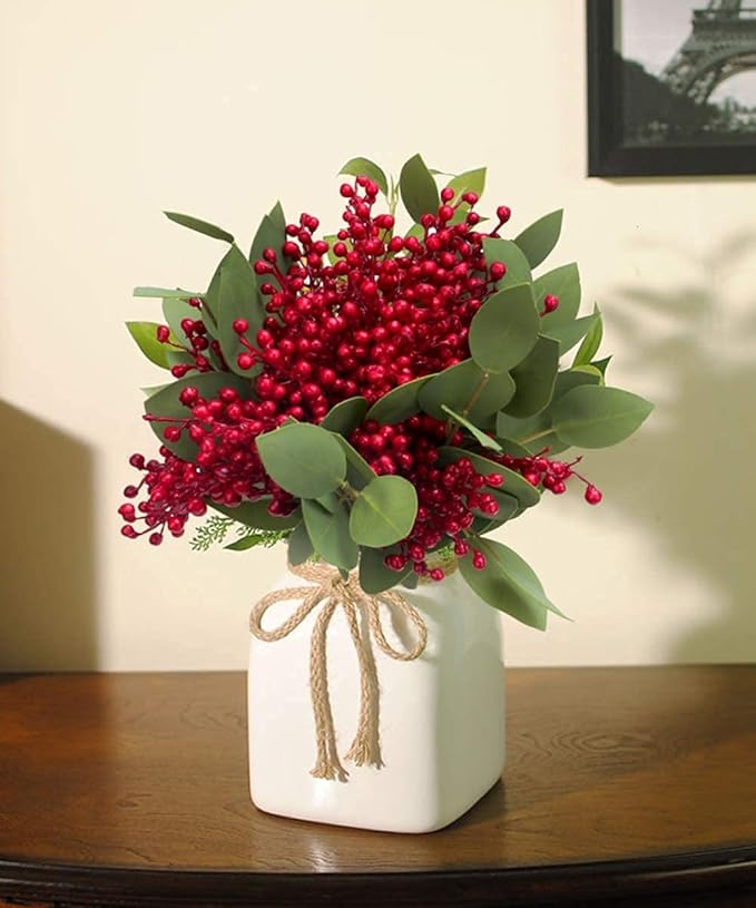 GREENTIME 16 Pack Artificial Red Berry Stems Holly for Christmas Tree Decorations for New Year's Eve Decor, Holiday and Home Crafts for Fall Thanksgiving Day