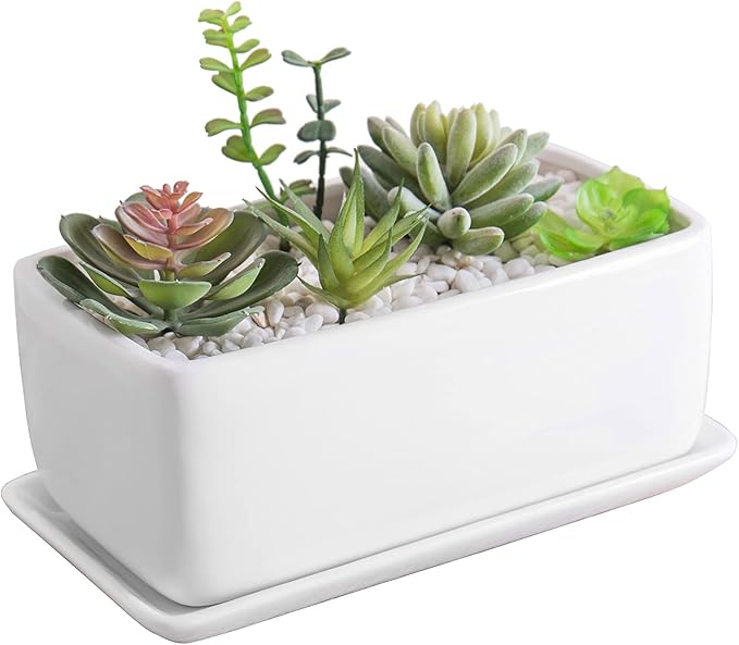 MyGift 10 Inch Modern Unglazed White Ceramic Indoor Plant Pot with Drainage Hole, Rectangular Succulent Planter Window Box with Removable Saucer, 1 Pack
