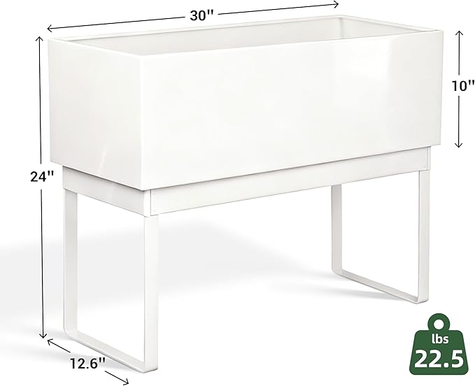 Worth Raised Metal Planter Box with Legs, 30"x12.5"x24" Elevated Garden Bed for Indoor & Outdoor Use – Glossy White Galvanized Steel Planter with Drainage Hole & Plug for Vegetables, Flowers & Herbs