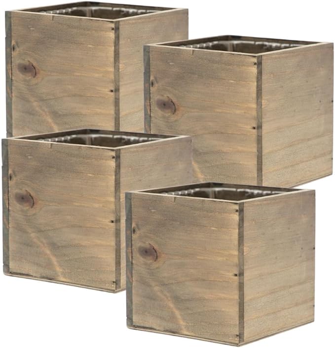 Wooden Planter Box, Rustic Barn Wood with Plastic Liner l Garden Decor l Restaurant and Wedding Decorations l Wedding Bouquets, Table Centerpiece (5x5 Set of 4, Natural)