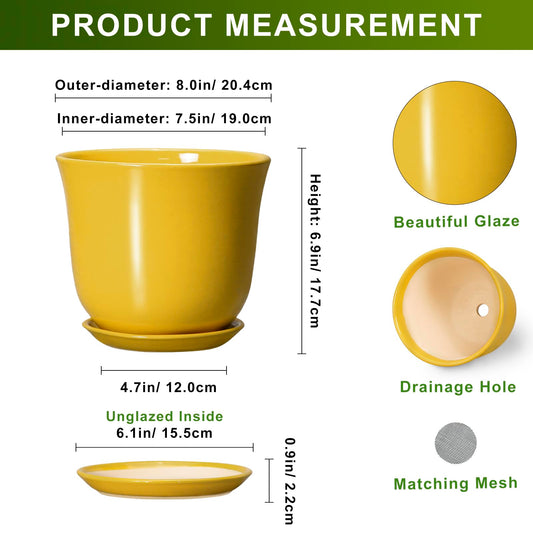 SUNPOTFOR Ceramic Pots for Plants - 8 Inch Plant Pot for Indoor Outdoor, Round Planter with Drainage Hole and Tray, Decorative Flower Pot, Modern Planter, Home Patio Decor, House Warming Gift, Yellow