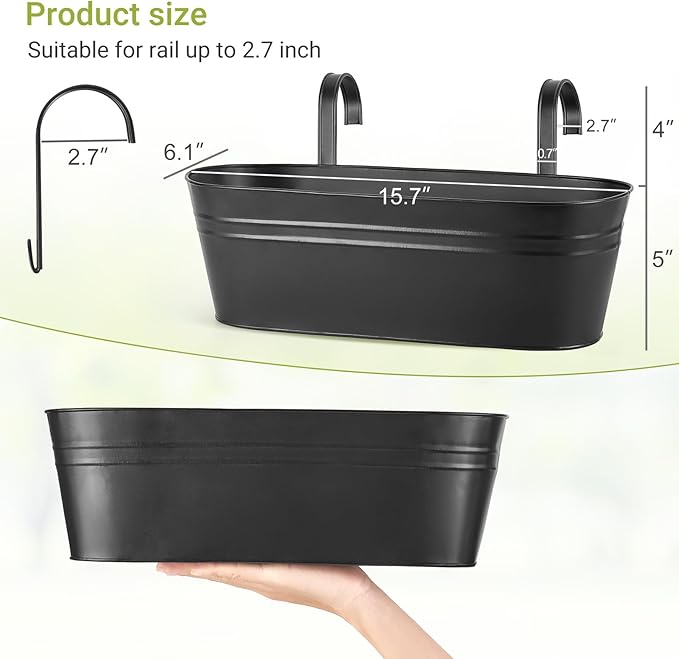 Dahey 3 Pcs Metal Hanging Flower Pots for Railing Fence Outdoor Planter 15.7 Inch Hanging Bucket Pots Countryside Window Flower Plant Holder with Detachable Hooks for Garden Yard Home Decor,Black
