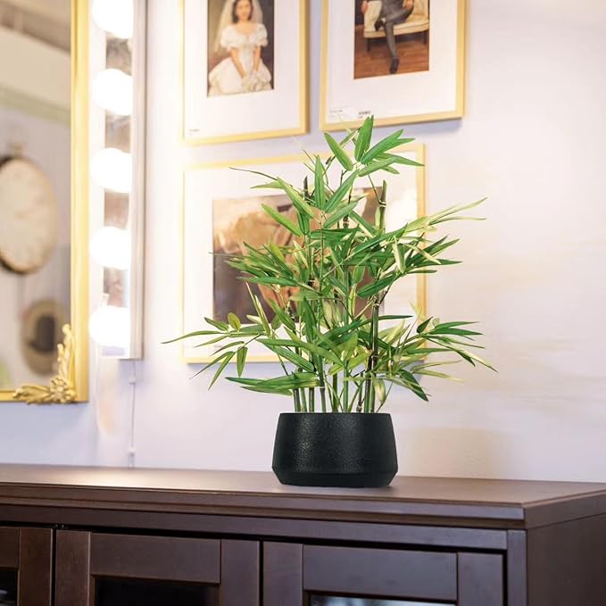 365 Blooming Decor 18-inch Tall Potted Faux Bamboo Plant (Black Pot) - Luxury Artificial Bamboo in Black Textures Pot for Home, Office, Kitchen, Counter Top, Indoor Decor, Money Tree, Lucky Tree