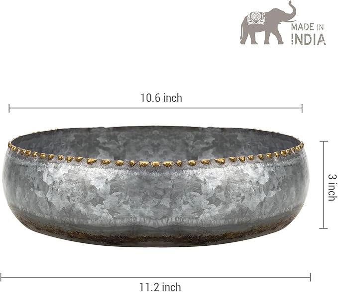 MyGift 11-inch Galvanized Silver Metal Round Planter Bowl with Brass-Tone Pebbled Rim - Handcrafted in India