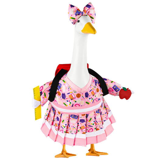 DORONAN Back to School Porch Goose Outfit for 23 Inch Goose Statue, Cute Student Dress with Backpack & Hair Bow, Fits Plastic, Concrete & Resin Garden Goose, School Season Outdoor Yard Patio Decor