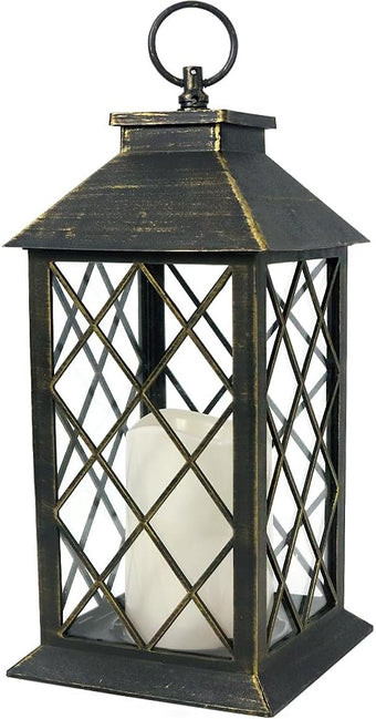 Bright Zeal 13.5" Outdoor Candle Lantern Decorative with LED Pillar Candle Battery Powered (Distressed Gold, 6hr Timer) - IP44 Waterproof Decorative Tabletop Lanterns Hanging Lanterns Indoor Outdoor