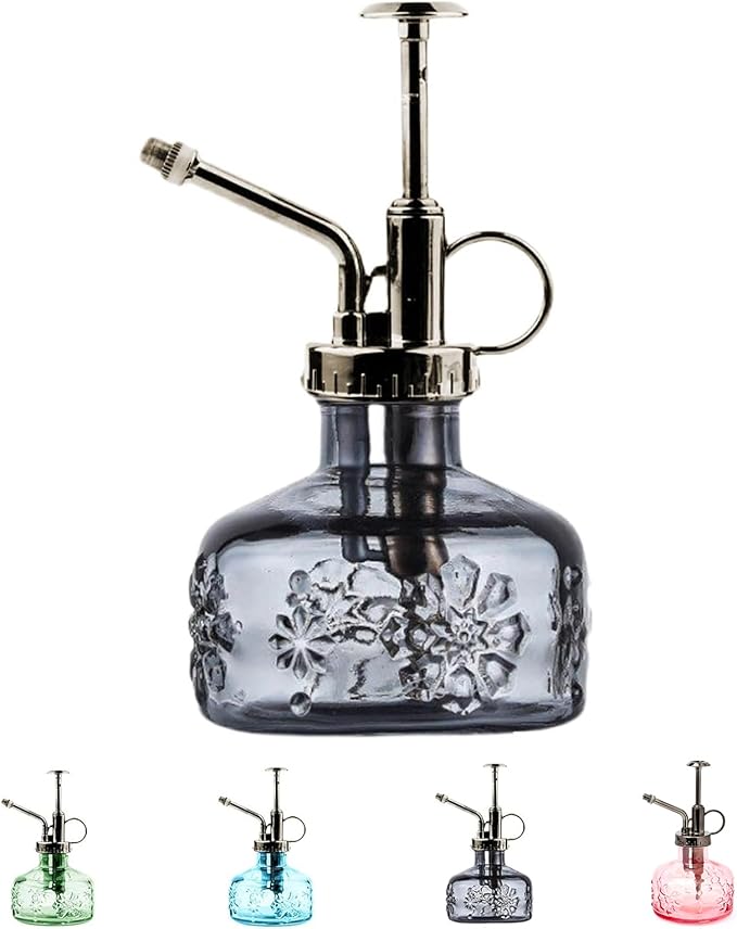 XXXFLOWER Glass Plant Mister Spray Indoor Plant Spritzer Succulent Watering Bottle with Bronze Pump 6 Inches for Home Decor Vintage (Grey)