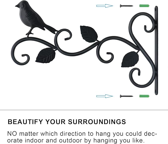 JIALAI HOME Hanging Plants Bracket 12" Bird Planter Outdoor Hooks Hangers for Flower Baskets Pot Bird Feeder Wind Chimes Lanterns Patio Garden Outdoor Indoor Metal Black, 2 Pack