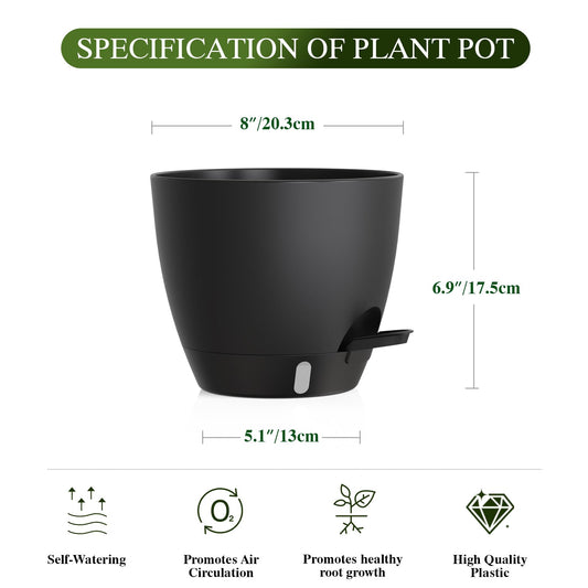 KUGAZ Self Watering Pots with Drainage Holes, 2 Pack 8 Inch Plant Pots with Water Level Indicator Deep Reservoir, Large Plastic Planter for Indoor Outdoor Plants - Black