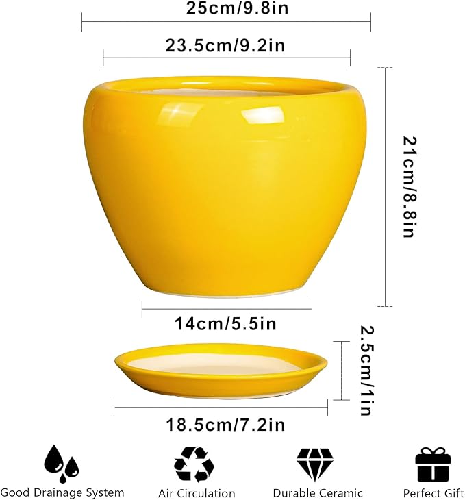 Ceramic Planter - 10 Inch Plant Pot for Indoor Outdoor Plants Glaze Modern Round Planter with Drainage Hole and Saucer for Garden Office Home Room Patio Decor, Yellow