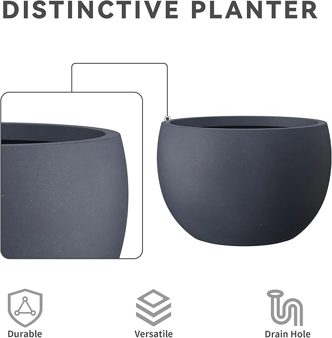 Kante 11.8" Dia Round Concrete Planter, Outdoor/Indoor Large Bowl Plant Pots with Drainage Hole and Rubber Plug for Garden Patio Balcony Home, Charcoal