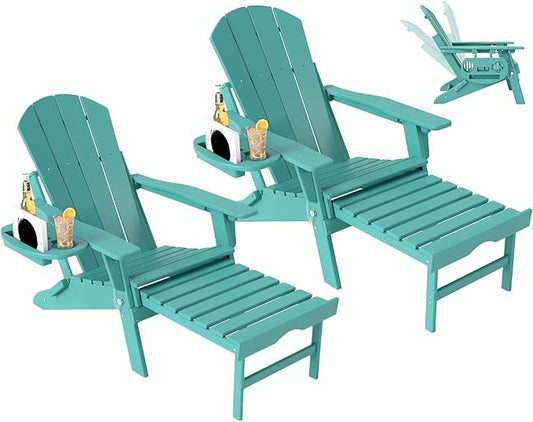 Adjustable Adirondack Chair with Retractable Ottoman Set of 2, HDPE Folding Adirondack Chair with Cup Holder, All Weather Fire Pit Chair for Outdoor.