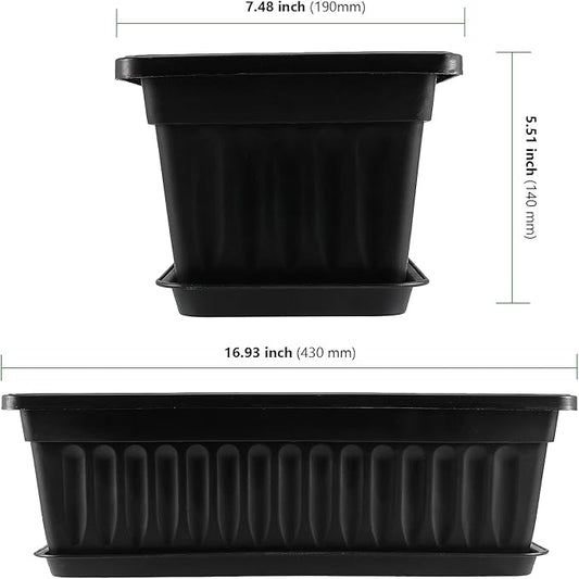 HAKZEON 6 Pack 17 Inches Plastic Flower Box Planters with Trays, Countryside Flower Window Boxes with 30 Plant Labels, Black Rectangular Vegetable Planters for Windowsill, Porch, Balcony, Garden