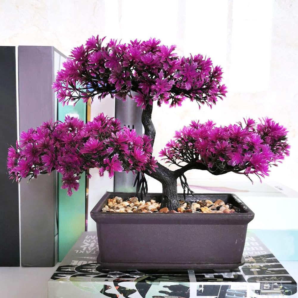 Meluvora 8.66" Artificial Bonsai Tree with Textured Trunk, Broad Canopy and Pebble Base for Bathroom Desk Shelf, Japanese and Zen Decor(Rose Red)