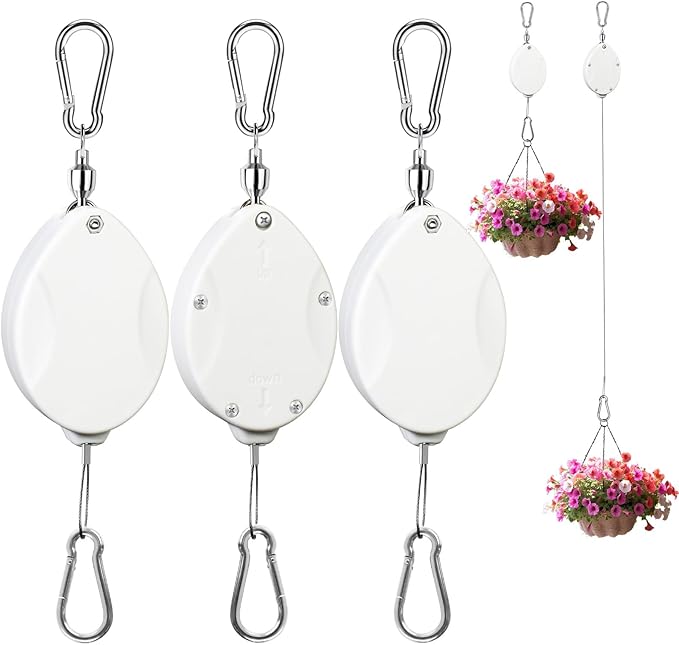 3 Pcs Upgraded Heavy Duty Retractable Plant Hanger,Plant Pulleys for Hanging Plants,Easy to Raise and Lower,Auto Lock,Adjustable Hook for Garden Baskets Pots,Birds Feeder and Grow Lights,White