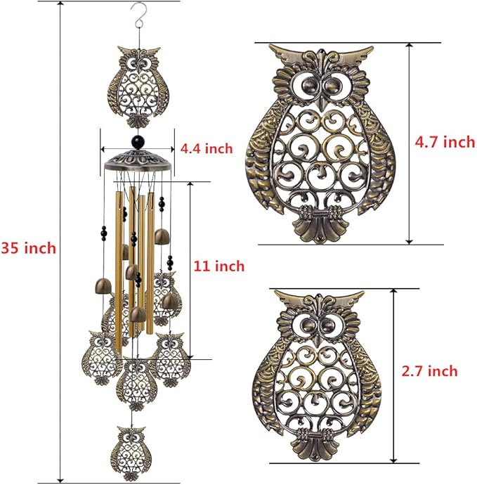 Garden Owl Wind Chimes Outdoor Indoor Decor - with 4 Tubes 6 Bells 7 Owls 36In Waterproof Mobile Romantic Windchimes, Owls Wind Catcher for Home, Xmas Mom Gifts, Balcony, Festival, Garden Decoration