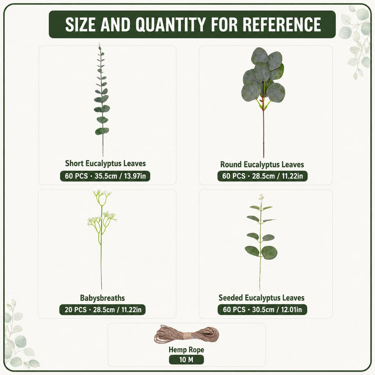Anbeser 200 Pcs 4 Kinds Mixed Artificial Eucalyptus Greenery Stems Bulk