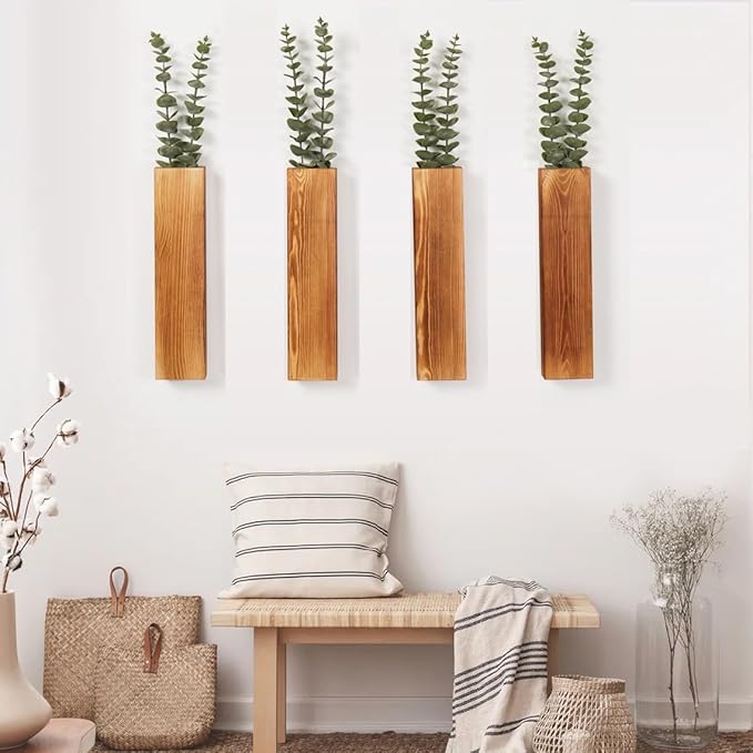 4-Pack Wood Wall Planters with 8 Removable Faux Eucalyptus Stems - Modern Farmhouse Wall Decor for Living Room, Bedroom, Bathroom - Wooden Wall Vases and Fake Eucalyptus for Home Office Decor