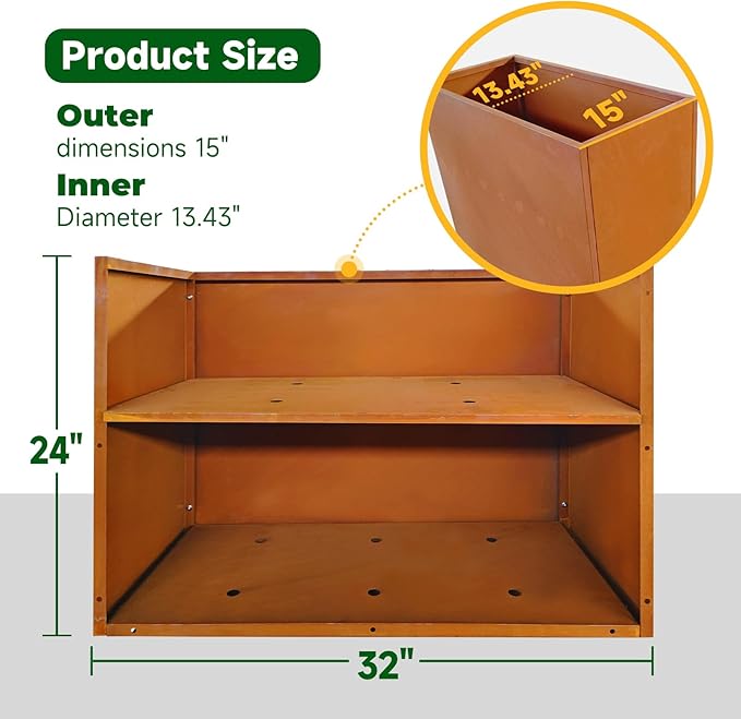 GZLVSOW Corten Steel Outdoor Planter Box 32" x 15" x 24" for Outdoor Plants Metal Rectangle Planter Spliced Flower Box with Partitions for Outside,Indoor,Garden (Corten, 32 * 15 * 24)