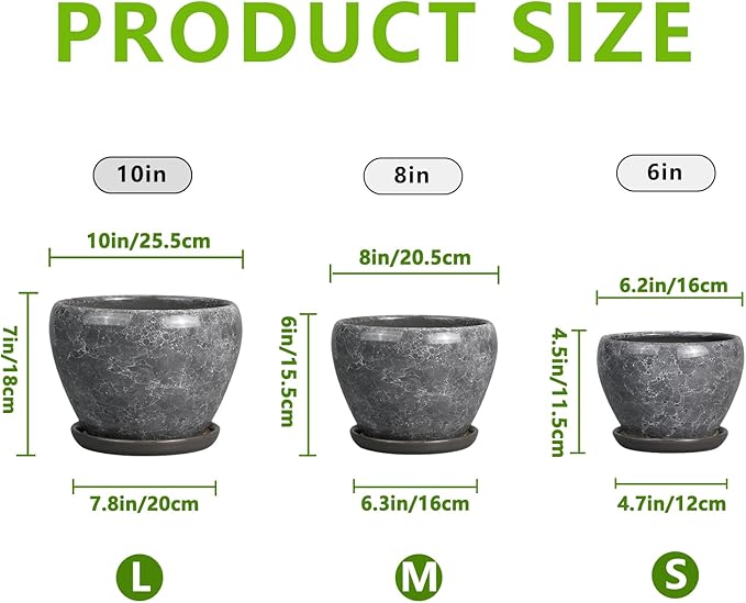 Ceramic Planters - 10 Inch 8 Inch 6 Inch Round Decorative Plant Pots with Drainage Holes and Saucers for Indoor Outdoor Flower, Room Home Apartment Decor, Gift for Women Men, Set of 3, Grey