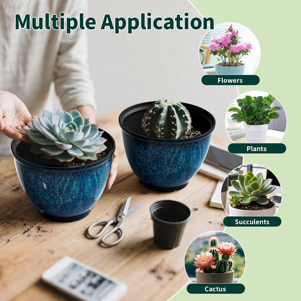 8 Inch Plant Pots Indoor Outdoor, Glazed Plastic Planter with Drainage