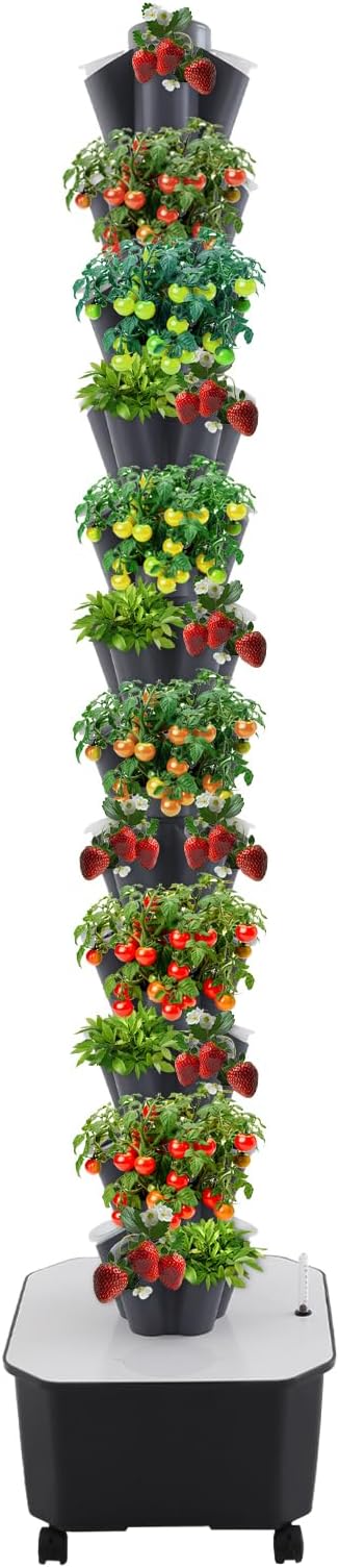 12-Tier Hydroponic Growing Tower, 60-Plant Indoor Gardening System w/Automatic Water Circulation, Vertical Aeroponic Tower Garden for Herbs, Vegetables, Fruits (Grey, 60-Plants)