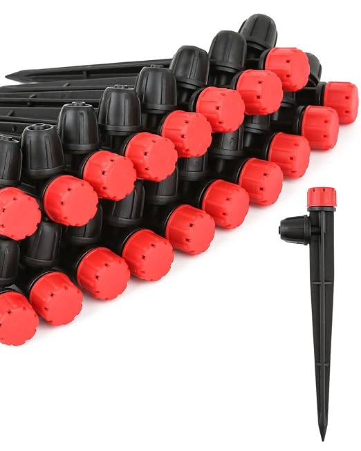 50pcs Drip Irrigation Emitters with Stake, Adjustable 360 Degree Water Flow Lock Barbed Dripper for 1/4" Drip Irrigation Tubing，Garden Irrigation Sprayer for (4-7mm) Watering System