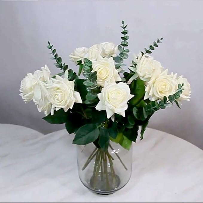 Tinsow 10 PCS Real Touch Leaf Artificial Eucalyptus Stem Faux Eucalyptuses Wedding Bouquet Centerpiece Home Decor (Green, 10)