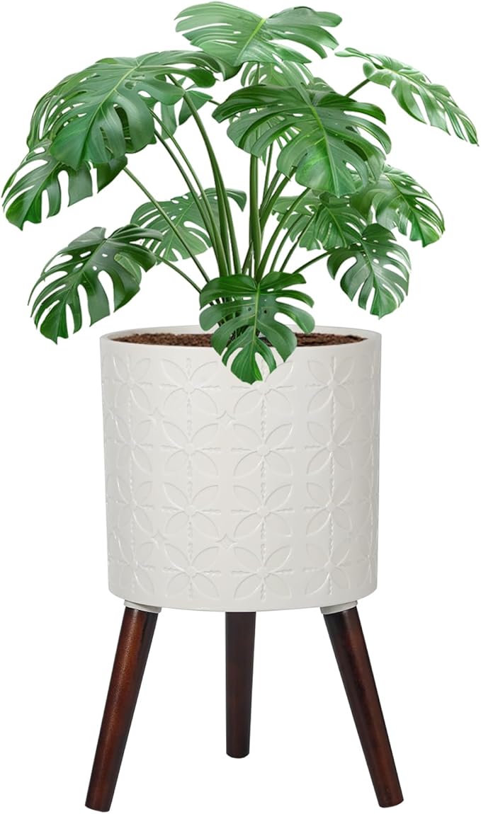 12 Inch Planter Pot with Stand, Planter for Indoor Plants, Modern Large Flower Planter Pot with Drainage Holes for Outdoor,Matte White