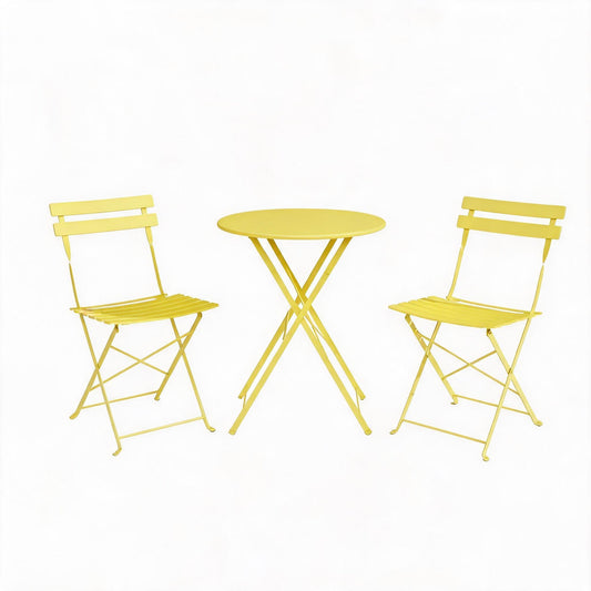 IDEALHOUSE 3-Piece Outdoor Patio Bistro Set – Foldable Metal Table and 2 Chairs, Weather-Resistant, Space-Saving Garden Furniture for Balcony, Deck, Yard, Modern Small Space Conversation Set, Yellow