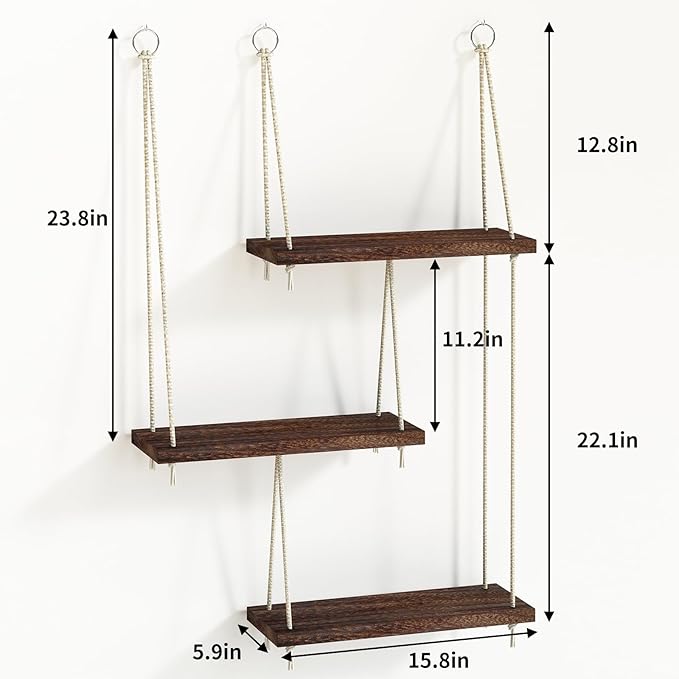 Fixwal Hanging Shelves for Wall, 3 Tier Boho Wall Decor Hanging Plant Shelf Floating Shelves Rope Rustic Wood Organizer Storage Hanger Rack for Aesthetic Home Bedroom Kitchen Bathroom - Dark Brown