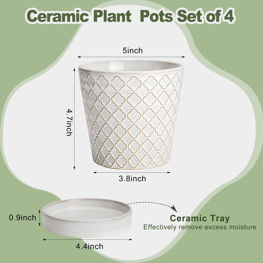 EFISPSS Ceramic Plant Pots Indoor, 5 Inch Planters with Drainage Holes and Ceramic Tray, Relief Design Flower Planter, Desktop Office Windowsill Decoration Gift Set of 4, White