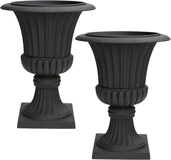 Austram Urn Planters 22", Set of 2, Tall Stone-Resin Pedestal Planters for Outdoor Plants, Large Front Porch Decor, Patio Garden Pots, Outdoor Urns for Entryway, Porch & Deck, Black Plant Pot