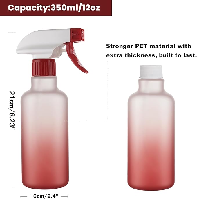 Plastic Spray Bottles 12oz 2 Pack Adjustable Mist/Stream Spraying Heavy Duty Square Water Spray Bottles for Hair, Cleaning Solutions, Plants, Essential Oils (Red)