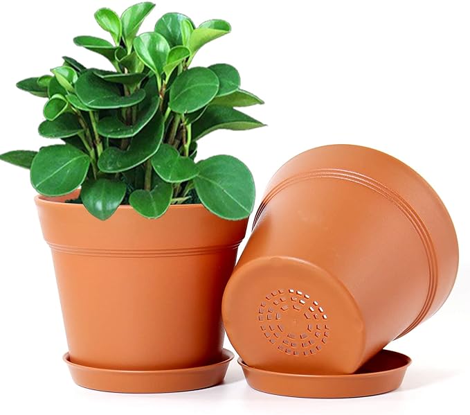 WOUSIWER 16 Pack 6 inch Plastic Planters, Plastic Indoor Planter Flower Pots, Heavy Duty and Stylish 6 Inch Plant Pots for Indoor Plants with Drainage Holes and Tray for Plants, Flowers, Terracotta