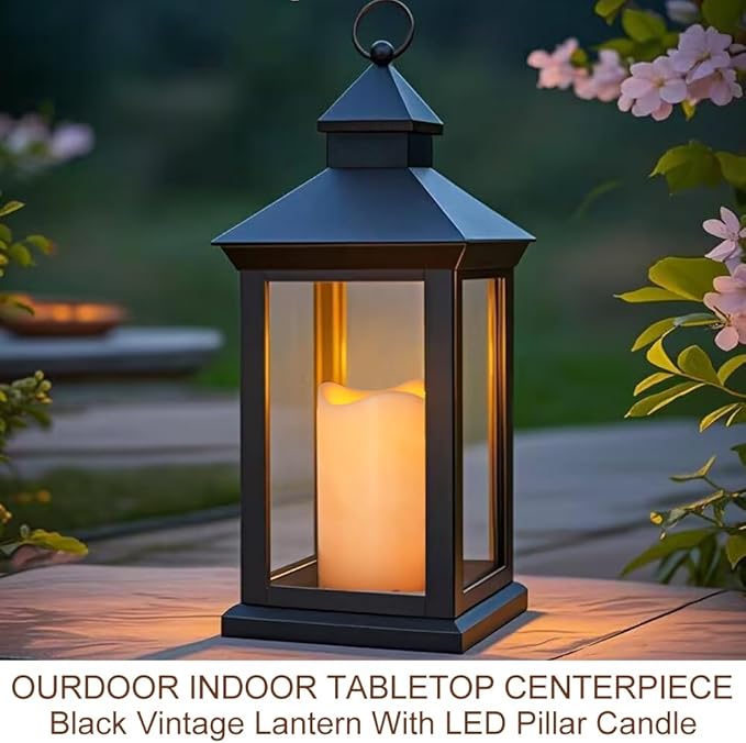 Bright Zeal 14" Tall Vintage Decorative Lantern with LED Pillar Candle - Outdoor Lantern Waterproof Lanterns - Black Lanterns with LED Candles