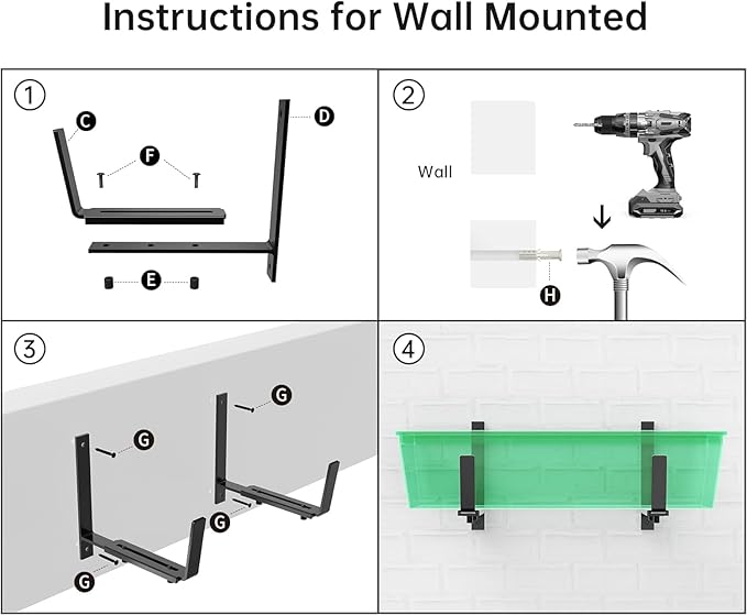 Y&M 6 PCS Adjustable Window Box Brackets for Planter Box, Heavy Duty Wall Mounted Hooks Hangers for Flower Baskets Holder Durable Brackets for Fence Patio Garden Balcony