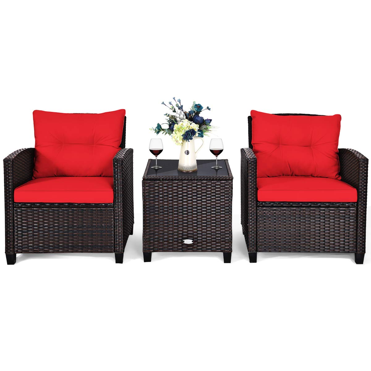 Tangkula 3 Pieces Patio Furniture Set, PE Rattan Wicker 3 Pcs Outdoor Sofa Set w/Washable Cushion and Tempered Glass Tabletop, Conversation Furniture for Garden Poolside Balcony (Red)
