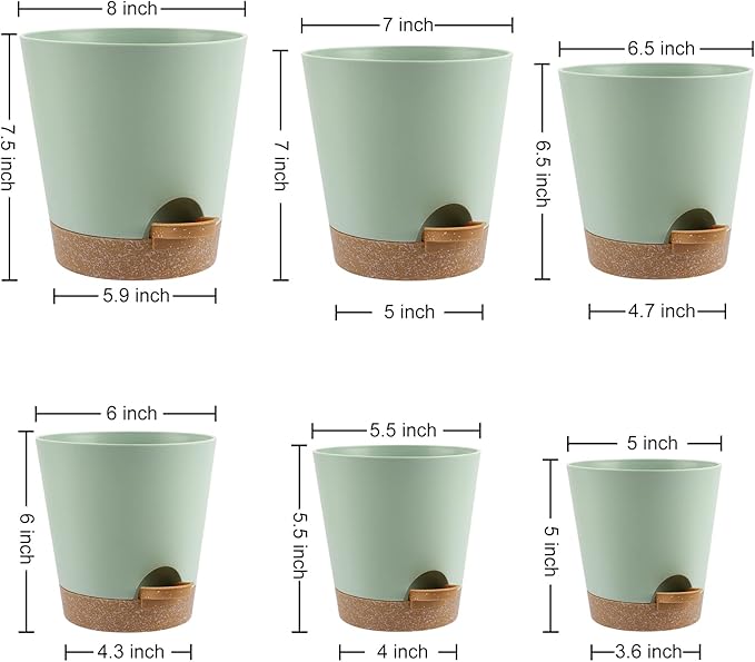 Indoor Self Watering Planters with Drainage Holes and Saucers, 8, 7, 6.5, 6, 5.5, 5 Inches, Green, 6 Pots.