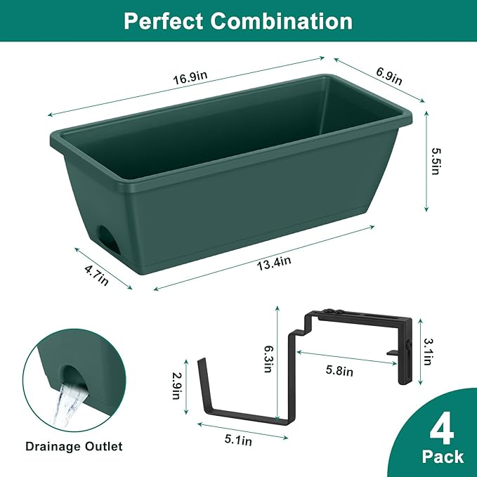 smusei 4 Pack Railing Planter Box Window Boxes Planters, 17'' Rectangular Deck Railing Planter Balcony Hanging Planters with Adjustable Flower Box Brackets for Fence Outdoor Patio Porch