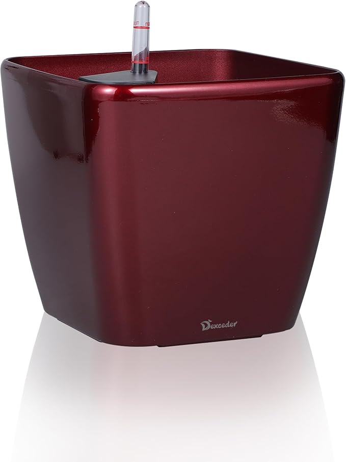 Dexceder 9x8 Self Watering Planter Indoor Outdoor, Inner Mat Design, Thickened Table Flower Plant Pot with Water Level Indicator (Red High Gloss)