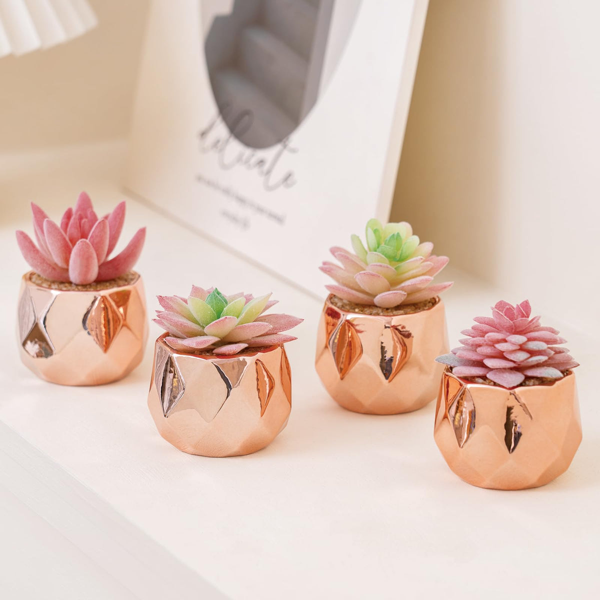 Tiita Mini Rose Gold Artificial Succulents in Pots, 4 Pack for Desk Decor